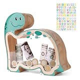 Uniwooder Wooden Dinosaur Piggy Bank for Kids, Unbreakable Brachiosaurus Money Coin Bank for Boys, Girls, DIY Dino Kids Safe Money Box with Stickers, Toddler Birthday, Easter Gifts for Boys, Girls