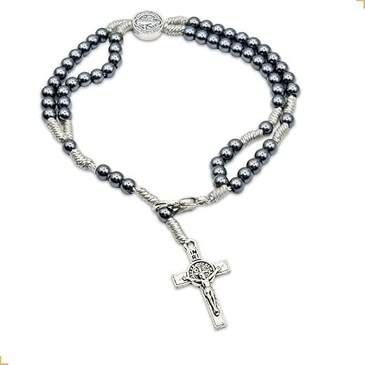 Terço de Pulso São Bento Aço Inox Dupla Face com Hematita 3mm Ajustável – Rosário de Pulso Prateado – Pulseira Terço Religiosa Masculina e Feminina – Até 18,5cm de Pulso