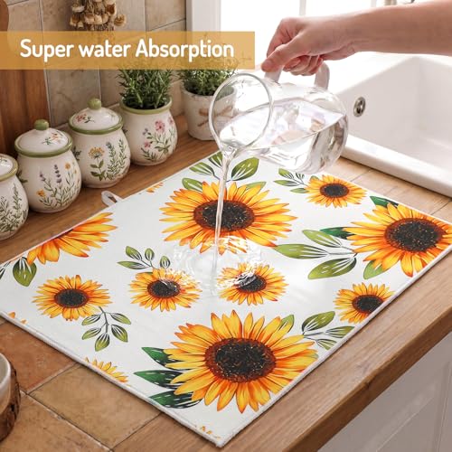 Image of Domensi 2 Pack Yellow Sunflower Microfiber Dish Drying Mat Absorbent Reusable Washable Extra Large Kitchen Counter Draining Mat Black Gingham Pad for Coffee Bar Kitchen Decor 18x24 Inch
