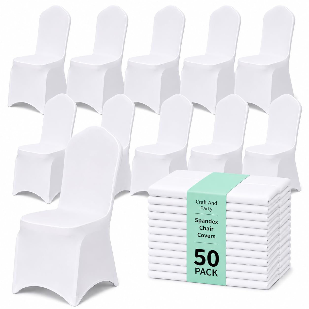 50 Pack White Spandex Chair Covers – Stretch Polyester Slipcovers for Wedding, Banquet, Party &amp; Dining Chairs – Flat Front Design, Universal Fit