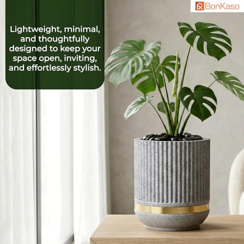 Image of BonKaso 14 Inch Tower Plant Pot for Indoor & Outdoor | Modern Lightweight Polymer Planter | Weather, UV & Frost Resistant | Ideal for Living Room, Balcony, Office & Nursery (Light Grey)