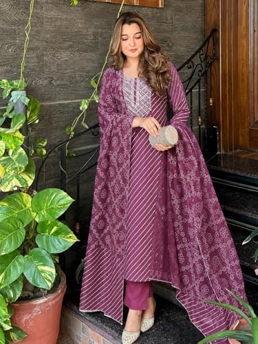 Image of ANNI Designer Women's Cotton Blend Printed Straight Kurta Set with Pant and Dupatta | Ladies Ethnic Three Piece Outfit | Round Neck 3 /4 Sleeve Kurta Pant Dupatta Set for Office College Casual Wear