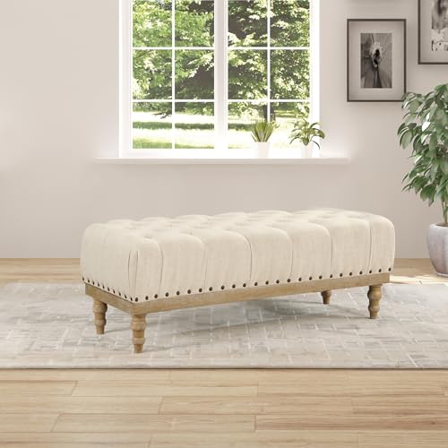 Image of OSP Home Furnishings Abigail Bench with Tufted Top and Antique Bronze Nailheads, Linen Fabric