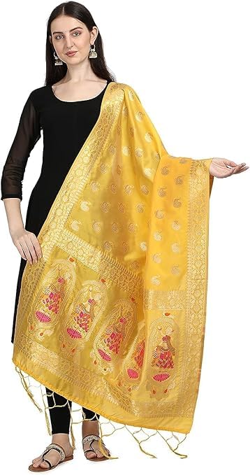 Women's Woven Banarasi Silk Zari Dupatta/Chunni, Width 1 Meter, Length 2.5 Meter,Yellow