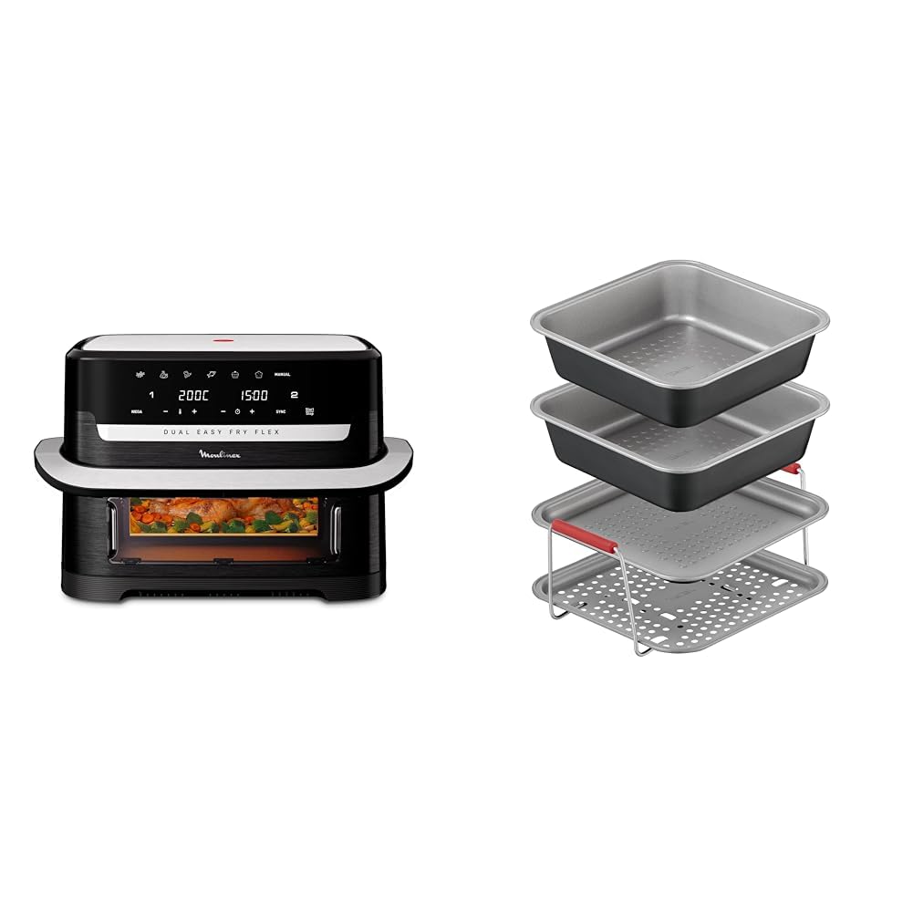 LOT Moulinex Easy Fry Dual Flex, air fryer, 9L, Double zone avec Séparateur amovible, 8 personnes, 7 programmes intuitifs, EZ9228F0, noir + Tefal Dail’Easy, Kit de 4 accessoires antiadhésif J701S444