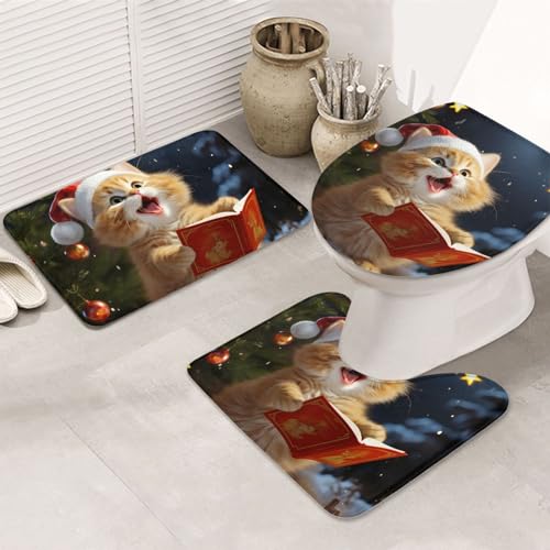 Dwrepo Cute Cat Sing Christmas Carols Print Bathroom Rug Set 3 Piece with Non-Slip U-Shaped Contour Mat and Toilet Lid Cover for Bathroom Decoration