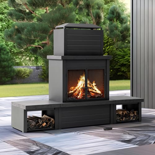 SUNJOY Outdoor Fireplace with Wood Storage and Chimney, Steel Wood Burning Firepit with Mesh Spark Screen...
