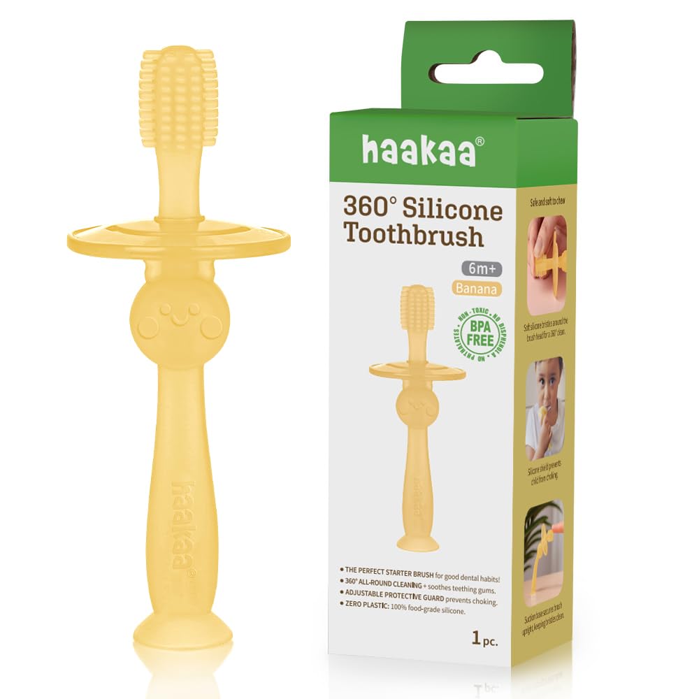 haakaa 360° Silicone Baby Toothbrush – 100% Soft Food Grade Silicone, BPA-Free, Suction Base, Safe for Babies 6 Months+, Gentle Gum and Teeth Cleaning for Infants, Gum Massager (Banana)-image-24