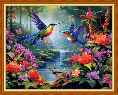 Image of Foxhool Beginners Cross Stitch Kits Stamped Full Range of Embroidery Kits for Adults DIY Cross Stitches kit Embroidery Patterns for Needlepoint kit-Hummingbird Scenery 16x20 inch