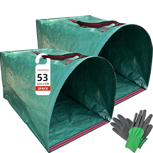 Herdiese Reusable Yard Waste Bags Heavy Duty 53 Gallon Lawn and Leaf Bags with Gloves Collapsible Garden Collector with Reinforced Handles & Dustpan Design for Easy Lawn Cleanup Branches & Debris