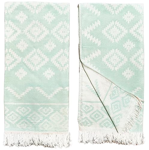 Ray Silver Aztec Turkish Hand Towels Set Of 2 100% Cotton Peshtemal Soft Feel 18 X 36Inches Light Weight Travel Camping Bath Sauna Beach Gym Pool Blanket Quick Dry Oversized Towel (Green, Hand Towel) #TOP13