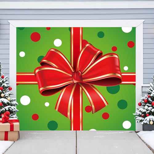 BlissfulTie Christmas Garage Door Cover 7x8FT: Single Garage Bow Gift Box Christmas Decorations with Bar Magnets & Ropes, Holiday Garage Door Banner Decorative Xmas with Installation Instructions