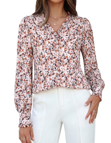 GRACE KARIN Women’s Boho Floral Tops, 2026 Fall Button Down Long Sleeve Blouses, Dressy Casual V Neck Work Trendy Shirts Apricot Floral S