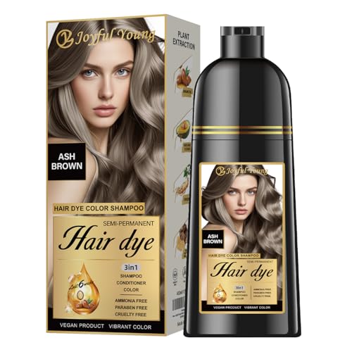 Joyful Young Hair Dye Shampoo 3-in-1, Ash Brown Semi-Permanent Gray Hair Coverage, Color Depositing Shampoo for Women & Men, Vegan, Ammonia-Free