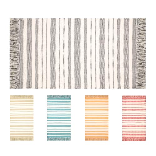OLIVO.shop | RIGO Tapis en coton lavable en machine avec franges, tapis de cuisine coton, tapis d'entrée à rayures, différentes tailles et couleurs (gris, 45 x 75 cm)