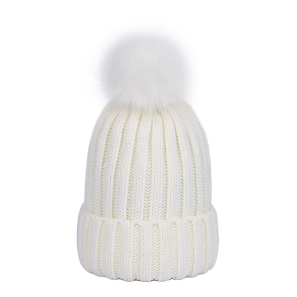 Lausons Women's White Warm Ribbed Knit Winter Bobble Hat Faux Fur Pom Pom Beanie In