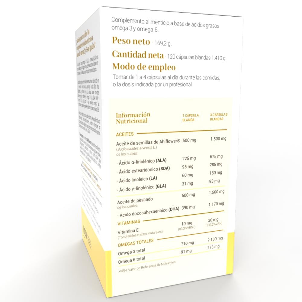 LCN Omega Base LCN Complemento Alimenticio Omega 3 + Omega 6 (DHA, ALA, SDA, LA y GLA), No Contiene EPA, Certificado IFOS, (1 Envase de 120)