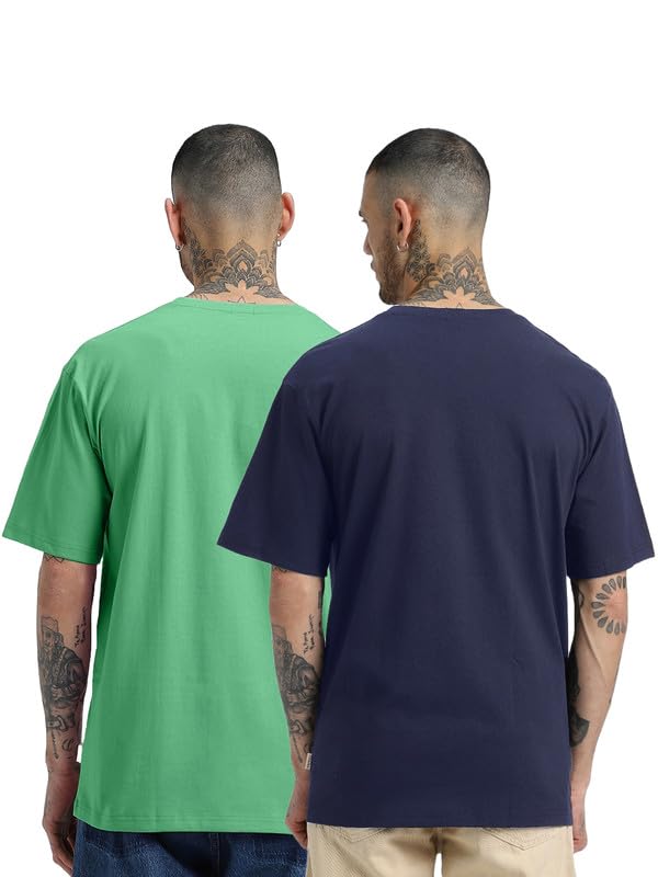 Image of Veirdo Solid Oversized 100% Pure Cotton Combo T-Shirt for Men & Boys (Half Sleeves, Round Neck, Drop Shoulder, Baggy Fit, Pack of 2, Available in S to 2XL