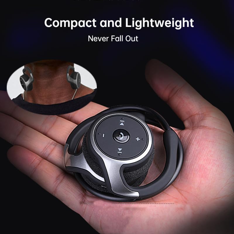 Hand holding the Arikasen A6 headset, showing the control buttons on the earcup: volume up/down, play/pause, and track skip.