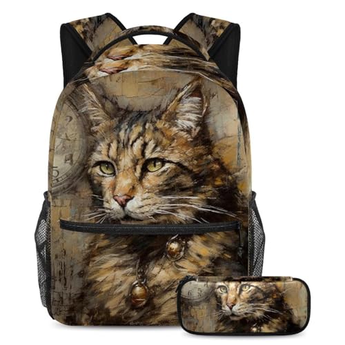 Sac à dos et trousse chat vintage pour éviter les fournitures perdues à l'école