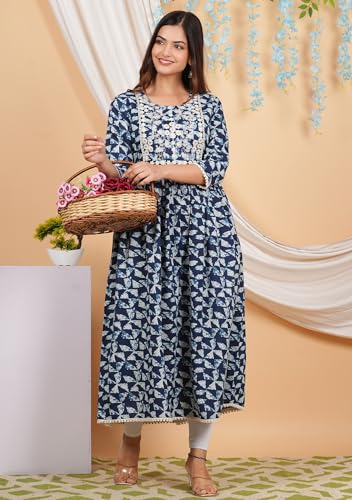 Image of purple sky Women's Cotton Blend Printed Anarkari Suit with Lucknowi Work on Neck