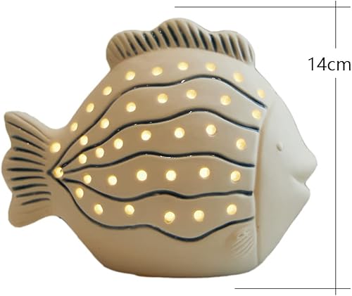 Miniatura 6 de SEINHIJO Estatua de pescado escultura decoración del océano regalos estatuilla moderna cerámica artes luz LED 5.5 pulgadas