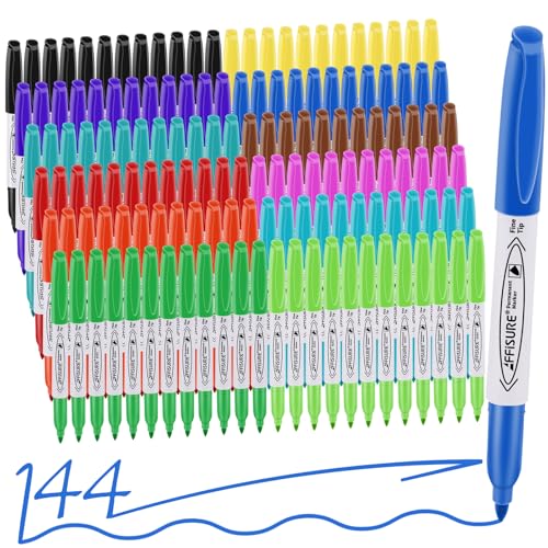 Image of 12 Colors Permanent Markers, 144 Pack colored marker sets, Assorted Colors Marker,Fine Point, Permanent Markers Bulk, Fast Dry, Waterproof, work on Plastic, Glass, Metal, Wood and Stone
