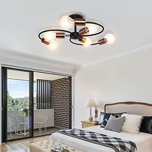 OYIPRO Semi Flush Ceiling Light Fitting, 6-Lights Ceiling Lamp, Modern Chandelier, E27 Socket Black Gold Metal Lamps, for Living Room, Bedroom, Kitchen
