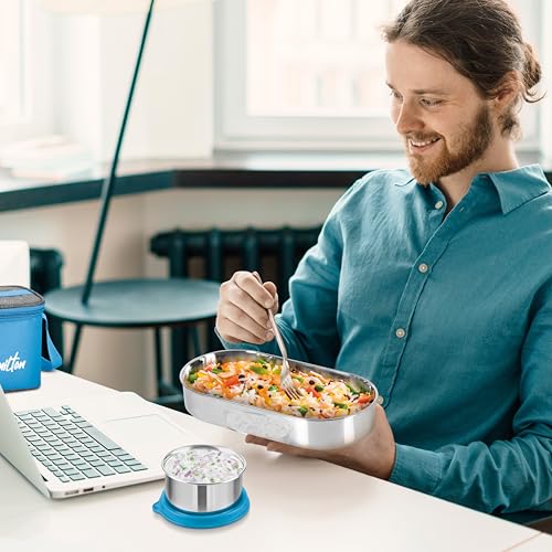 Image of MILTON Steel Smart Lunch Box (2 Round Inner Steel Containers 500ml Each, 1 Oval Container 675ml; Spoon) with Insulated Fabric Bag, Blue, Leak Proof, Odour Proof, Easy to Carry, Food Grade