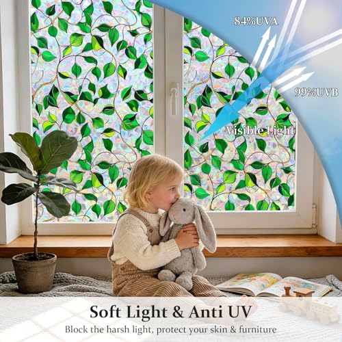 Conkov Fensterfolie Transluzente Bunt mit Regenbogen Effekt, Kein Kleber, Dekorativ für Zuhause, Büro oder Geschäftsräume, Halbmond-Backing mit Blätter, 60 x 200 cm