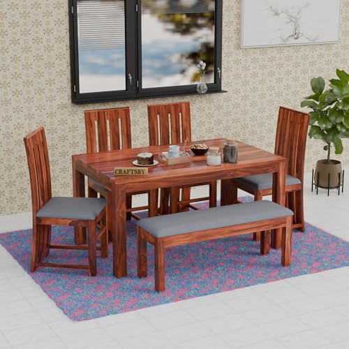 Image of 57 Inch Length Solid Sheesham Wood 6 Seater Dining Table Set | Six Seater Dinner Table with 4 Grey Cushions High Chairs & 1 Bench | Dinning Table Set 6 Seater for Living Room | Honey Finish