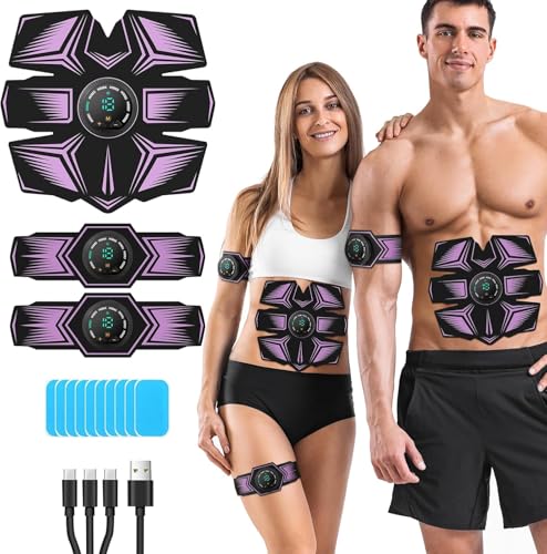 Braload EMS Bauchmuskeltrainer Trainingsgerät, Elektrischer Muskelstimulator, USB-aufladbar, 8 Modi & 19 Intensitätsstufen für Bauch, Arme, Hüfte und Beine, für Frauen und Männer (Rosa-Violett)