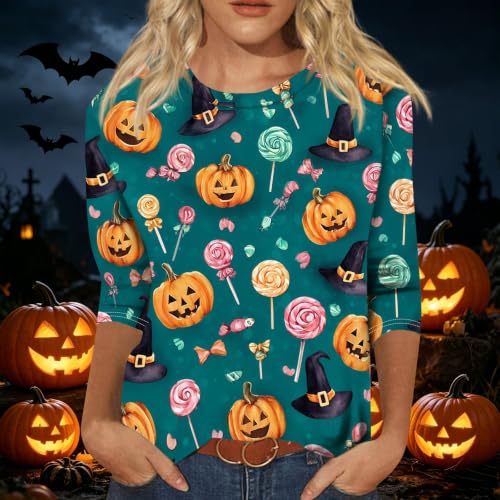 Image of Women Spooky Halloween Graphic Shirt 3 /4 Length Sleeve Crewneck Top | Halloween Funny Printed Pumpkin Plus Size Tshirts 2026 Fall Outfits Skeleton Tee Going Out Tops