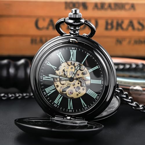 Image of Vintage Gold Double Sides Open Case Mechanical Men's Pocket Watch,Double Face Roman Dial Clock Hand Wind Pocket Watch for Men with FOB Chain