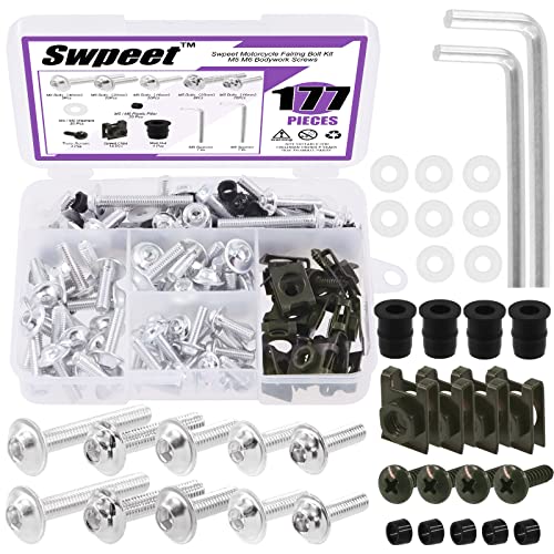 Swpeet 177Pcs 2 Sizes M5 M6 Motorcycle Fairing Bolt Assortment Kit, Motorcycle Windscreen Screws Fasteners Fixing Sportbike Bolts Fairing for All Models & Years Sport Bikes (Sliver)