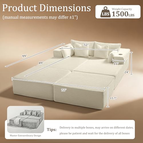 Image of 72 inch Cloud Sectional Couch, Comfort Sleep Sofa for Living Room, Extra Deep Seats No Assembly, Minimalist Modular Couch, Corduroy (Cream, Extend Loveseat Chaise)