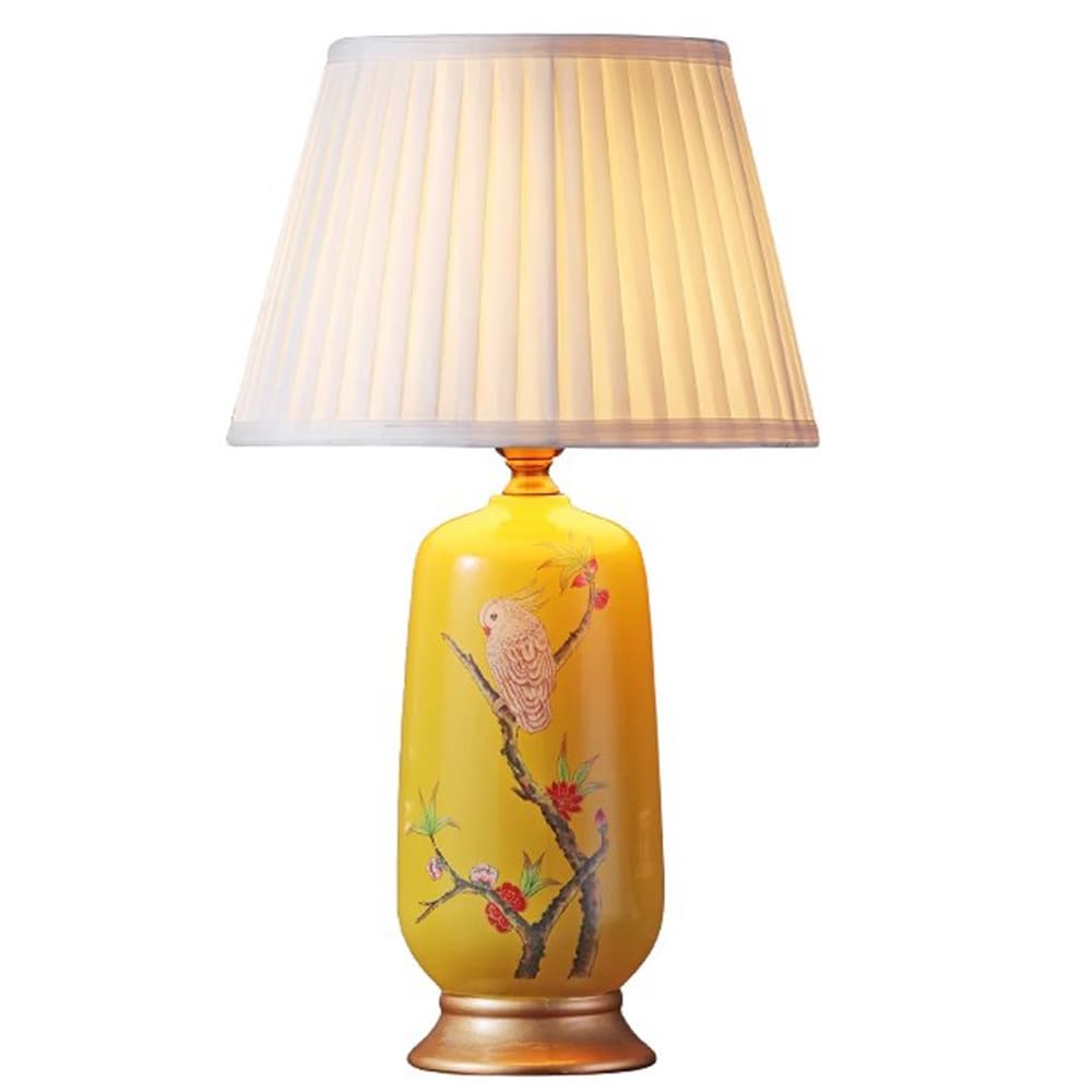 SANBDDLYY Hand-Painted Yellow Glazed Ceramic Table Lamp - Chinoiserie Style for Living Room & Bedroom, Traditional Porcelain Nightstand