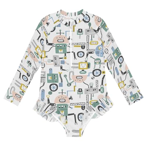 Aflyko Girls' Rash Guard Swimsuit Funny Robot One-Piece Swimwear UPF 50+