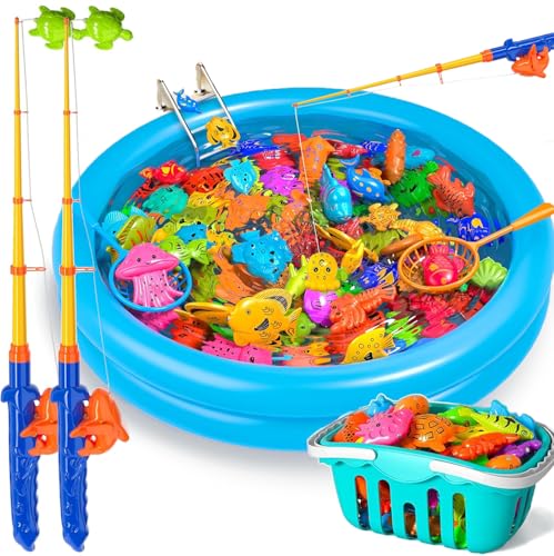 Doloowee Magnetic Fishing Game Bath Pool Toys for Toddlers 3-5,48pcs Fishing Toys Game Floating Fish Magnet Pole Rod Net Education Teaching and Learning for Kids Age 3-6 4-8
