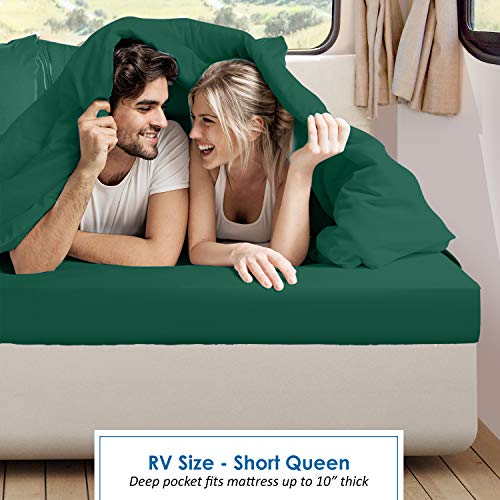 Image of Nestl Dark Green Short Queen Sheets for RV, Hotel Luxury RV Queen Sheets Set, 6 Piece Fitted Bed Sheet Set and Pillowcases, Super Soft, Wrinkle-Free, and Breathable Camper Bedding