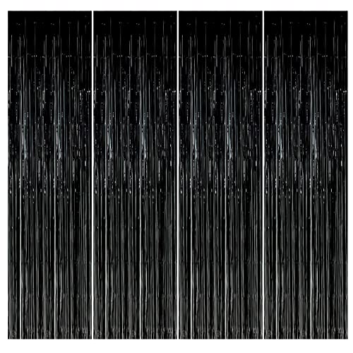 4pcs Cortinas de Flecos Láminas, 1m x 3m Cortina Metálica Fiesta, Negro Cortinas de Oropel Metálico, Autoadhesivas Franjas Decoración Fondo para Fiesta Regalos Cumpleaños,Bailes,Bodas,Navidad