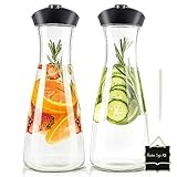 Glass Carafe Pitcher - HIHUOS 34oz Water Carafe Set for Mimosa Bar - Juice Containers with Airtight Lids for Fridge, 2 Pack Tea Pitcher for Juice, Milk, Cold Brew - 2 Wooden Tags and 1 Marker Included