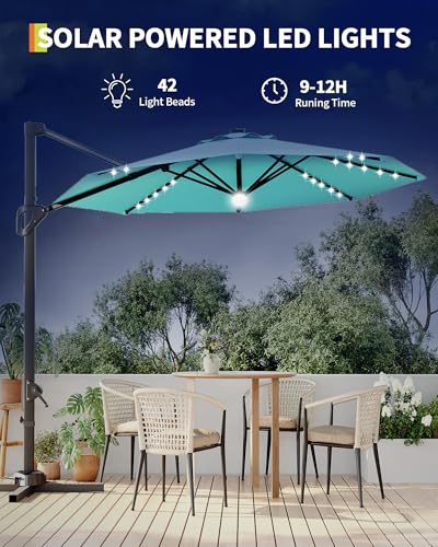10FT Patio Umbrella Outdoor Solar LED Large Cantilever w/Base Included Market Sun Shade Windproof Offset with 360-Degree Rotation for Garden Deck Pool Patio, Turquoise Blue
