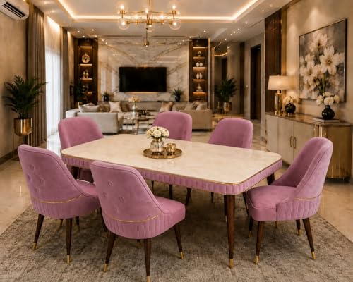 Image of WOODEN SPACE 6-Seater Wooden Dining Table Set | Nano Composite Marble Top | Solid Wood Base | Modern Dining Room Furniture with 6 Chairs (Pink Grand Aura)