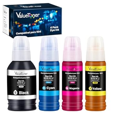 Valuetoner Kit 4 Refil Tintas para Epson 504 T504 Compatível para Epson Impresoras L4150 L4160 L4260 L6161 L6171 L6191 L6270 L14150