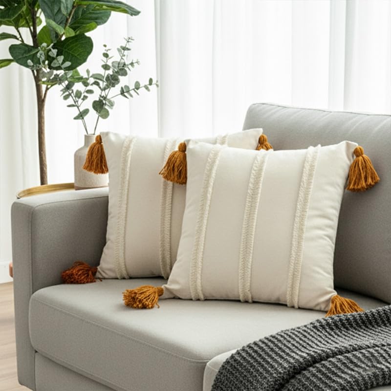 Image of Bird Wing Decorative Throw Pillow Covers with Tassels, Square, Cream Bohemian Lace Stripes Design, Set of 2, Beige Color Size: 12x18 Inches