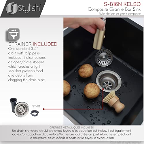 Image of Stylish 15.5 x 17.5 Inch Composite Granite Kitchen or Bar Sink, Single Bowl Under Mount & Drop in, 8.5 in Deep, Rear-Center Drain, with Strainer, Black, S-816N
