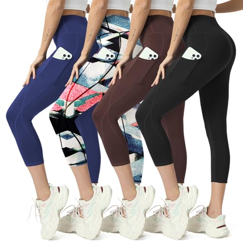 MaaGcc High Waisted Yoga Leggings for Women 4 Pack - Tummy Control Workout Capris with Pockets (US Alpha X-Large Regular Regular Navy Blue+ Aqua Duck Print +Coffee +Black)