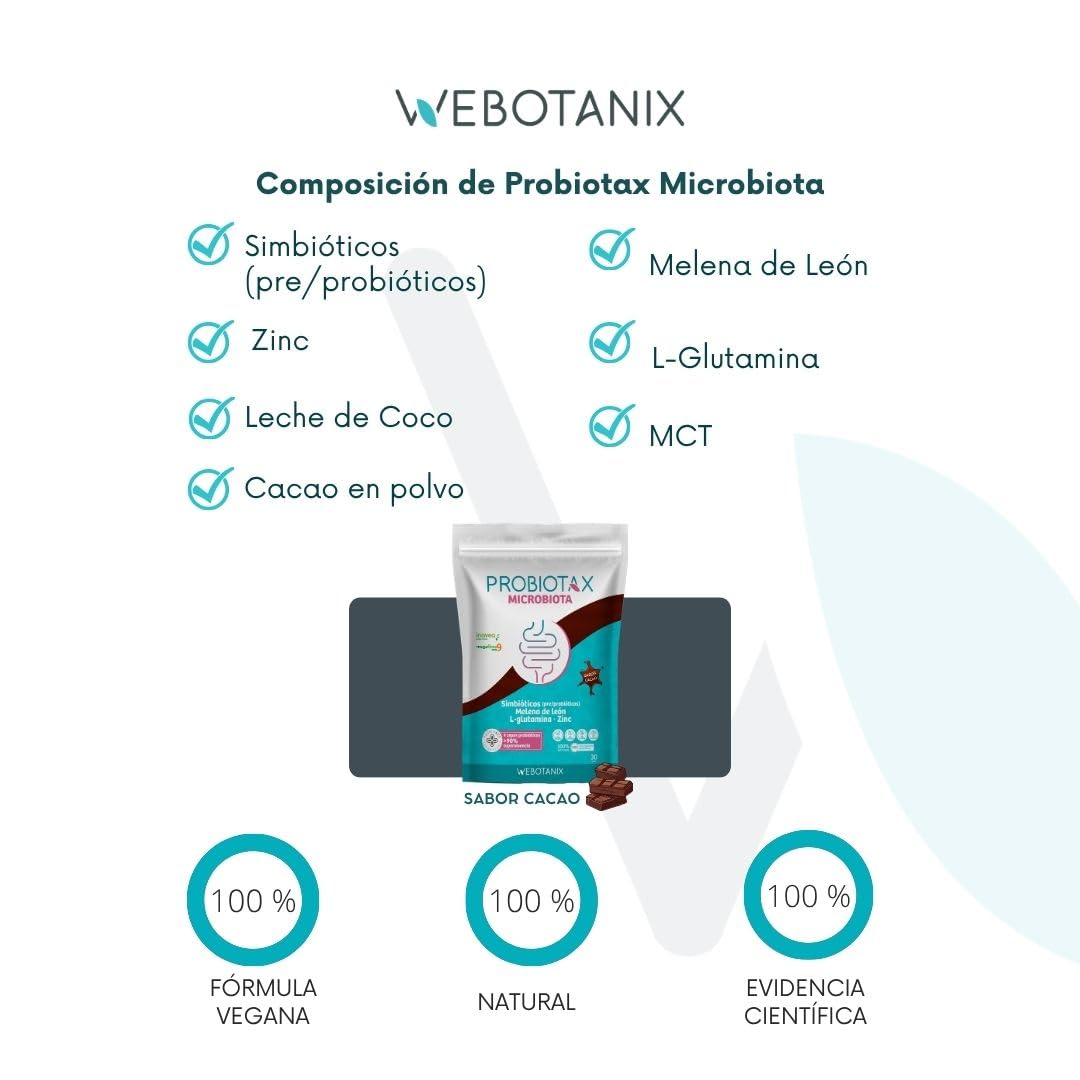 WeBotanix | Probiotax Microbiota 30 dosis | Probióticos y Prebióticos, L-glutamina y Zinc | Vegano | Bienestar de la Microbiota Intestinal | Sin Gluten y Sin Lactosa (150 g, Cacao)