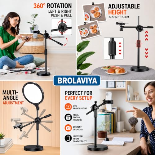 Image of BROLAVIYA Overhead Video Floor Stand with Slab key Full-screen fill 10-inch LED light, Metal arm,1 /4 inch head for Camera, Webcam, Gopro, With Mobile bracket for YouTube, TikTok, Desktop, Bedroom, Office.